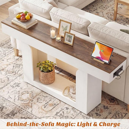 Homieasy Console Table, 63" Entryway Table with LED Lights & Charging Station, Farmhouse Wooden Sofa Table Behind Couch, Narrow Hallway Table for Living Room, Foyer, Entry, Antique White & Brown