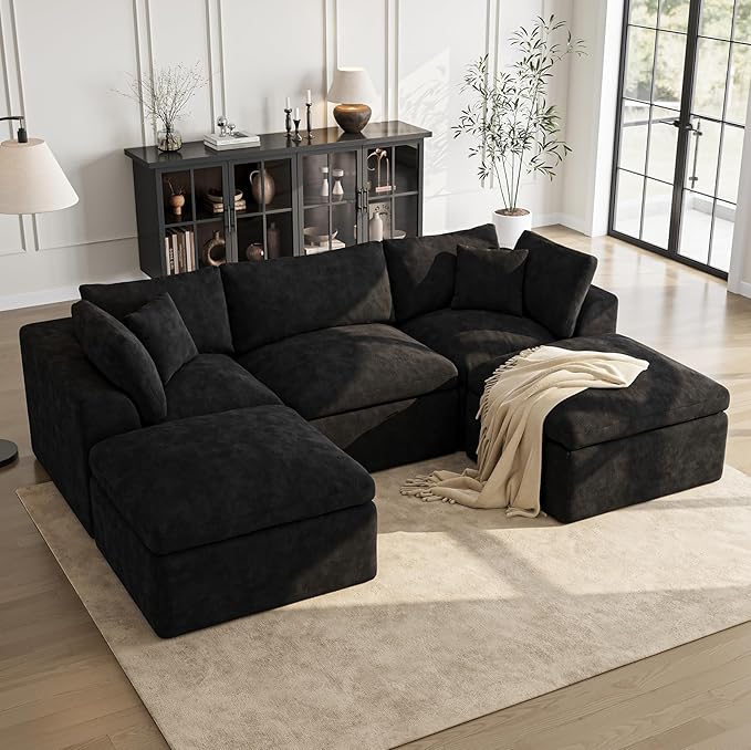 Cloud Sectional Couches for Living Room | 108 Inch U-Shaped Boneless Couch with Ottoman | Black Modular Sectionals Sofa Couch
