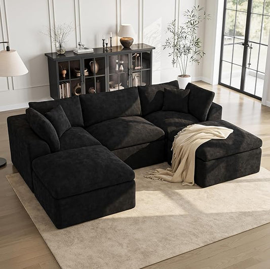 Cloud Sectional Couches for Living Room | 108 Inch U-Shaped Boneless Couch with Ottoman | Black Modular Sectionals Sofa Couch