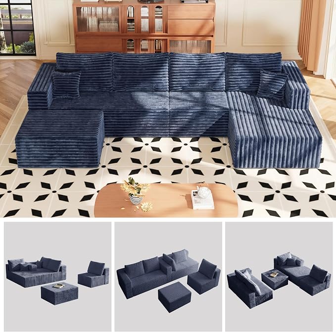 118" Modular Sectional Sofa, Boneless Compressed Sofa in a Box, U-Shaped Cloud Couch with Deep Seats & Chaise for Living Room, No Assembly Required (Blue, 118" U-Shape with Right Facing Chiase)