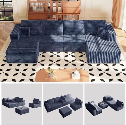 118" Modular Sectional Sofa, Boneless Compressed Sofa in a Box, U-Shaped Cloud Couch with Deep Seats & Chaise for Living Room, No Assembly Required (Blue, 118" U-Shape with Right Facing Chiase)