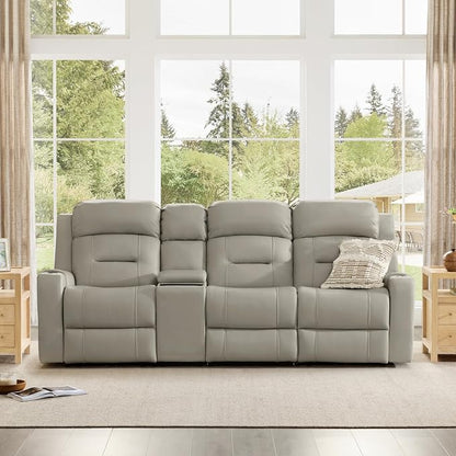 Watson & Whitely Genuine Leather Power Recliner Sofa, Lay Flat Reclining Sofa with Storage Console, Power Headrest & Cup Holders, 3 Seater Electric Reclining Couch for Living Room, Grey
