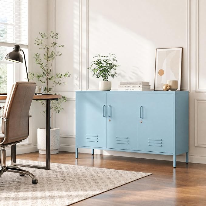 32" Blue 3 Door Lockable Metal Cabinet, Freestanding Heavy Duty Storage Locker with Adjustable Shelves for Home Office Kitchen Living Room