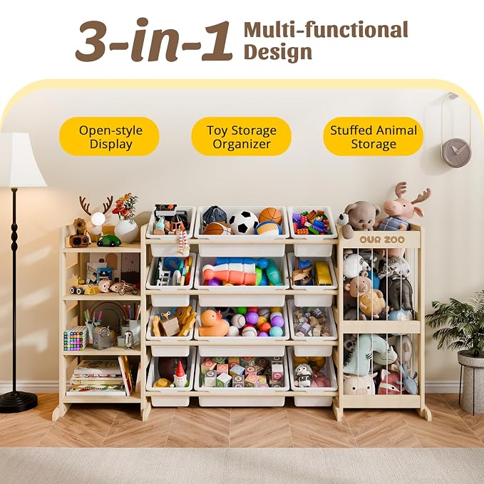 Large Kids Toy Storage Organizer - Toy Organizers and Storage with Stuffed Animal Storage, Solid Wood Toy Storage Shelf with 12 Plastic Bins, 4-Tier Bookshelf for Kids Room, Playroom, Bedroom, 59 inch