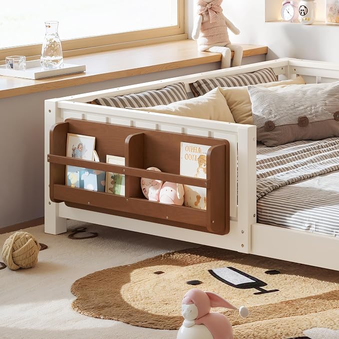 Bellemave Full Floor Bed with Slats and Rails, Full Size Montessori Floor Bed with Bookcase and Fence, Easy Assemble Montessori Beds for Girls, Boys, Beige Floor Beds