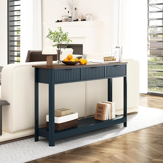 RUSTOWN Fluted Wood Console Table with 3 Drawers, 47.2" Modern Farmhouse Sofa Table & Entryway Table with Open Storage Shelf, Narrow Hallway Table for Living Room, Foyer and Hallway (Navy Blue)
