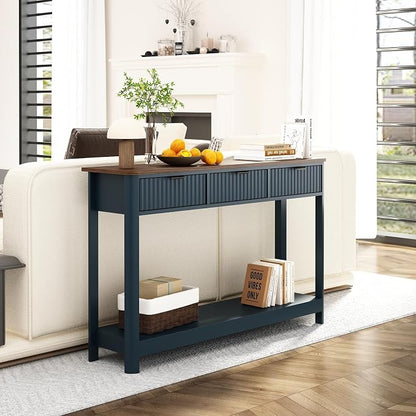 RUSTOWN Fluted Wood Console Table with 3 Drawers, 47.2" Modern Farmhouse Sofa Table & Entryway Table with Open Storage Shelf, Narrow Hallway Table for Living Room, Foyer and Hallway (Navy Blue)