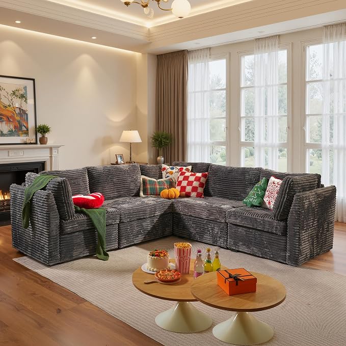 ovios Modular Sectional Sofa Couch with V-Shape Chaise Convertible, Comfy Plush Corduroy Cloud Couches, Modern Luxury Deep Seat Sofas Set for Living Room, 5-Seater, Grey