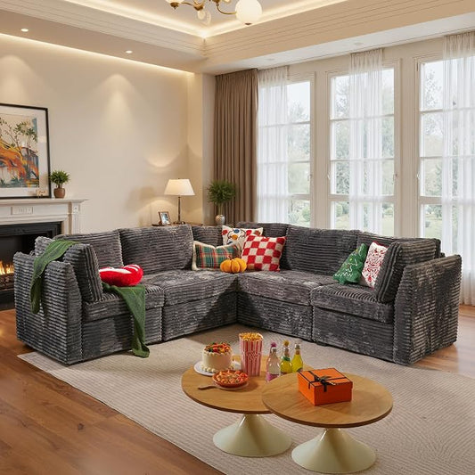 ovios Modular Sectional Sofa Couch with V-Shape Chaise Convertible, Comfy Plush Corduroy Cloud Couches, Modern Luxury Deep Seat Sofas Set for Living Room, 5-Seater, Grey
