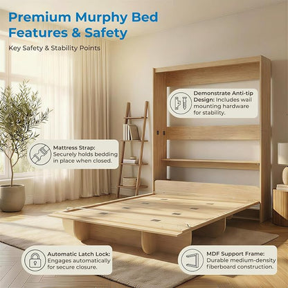 Mjkone Queen Size Wall Murphy Bed with Storage Shelf, Queen Wall Beds Cabinet Murphy Beds with Bookshelf, Top Cabinet Bed, Space-Saving Cabinets Beds for Bedroom, Guest Room, Studio, Office-Wood Color