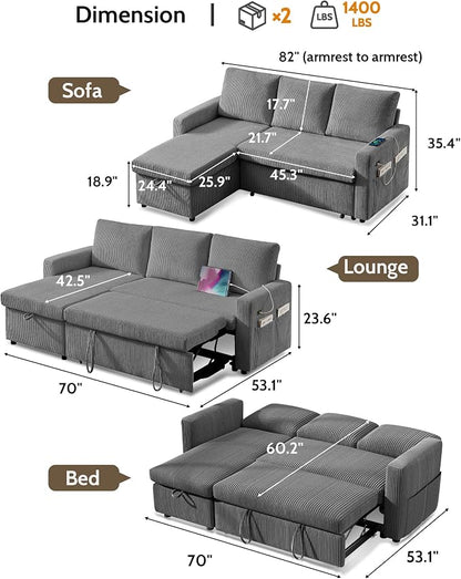 WEUP 82" L Shaped Sectional Sleeper Sofa Bed with Pull Out Bed, Sectional Sleeper Couch Pull Out Couch with Reclining Backrest/Reversible Storage Chaise/USB Ports/Tool-Free Assembly, Corduroy Grey