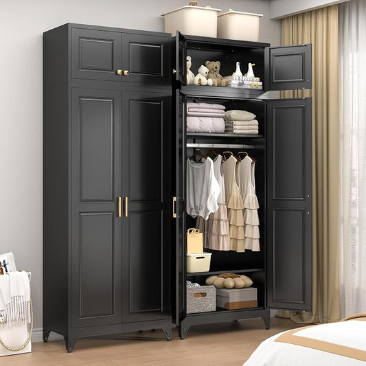 86" Metal Wardrobe Cabinets,Black Armoire Wardrobe Closet with Hanging Rod,Clothes Storage Cabinet with Adjustable Shelves and Doors,Clothing Cabinet for Bedroom,Laundry Room
