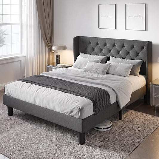 Allewie Full Size Bed Frame with Button Tufted Wingback Headboard, Modern Fabric Upholstered Platform Bed Frame with Strong Wood Slat Support, No Box Spring Needed, Easy Assembly, Dark Grey