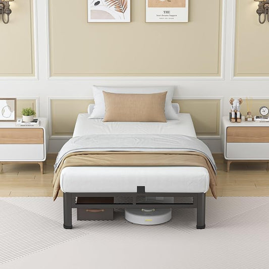 NKZ 7 Inch Twin Size Bed Frame, Metal Bed Frame & Box Spring 2 in 1 Platform with Round Corner Legs, 4000Lbs Heavy Duty Low-Profile Frame, Mattress Slide Stopper, Noise-Free, Easy Assembly