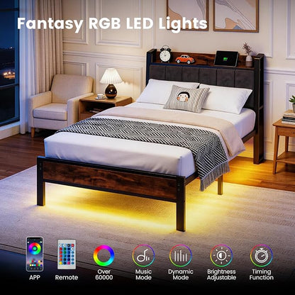 Liians Twin Size Bed Frame with Storage Headboard and Charging Station, Smart RGB LED Lights, Metal Platform Bed with USB & Type-C Ports, Noise Free, Easy Assembly, No Box Spring Needed