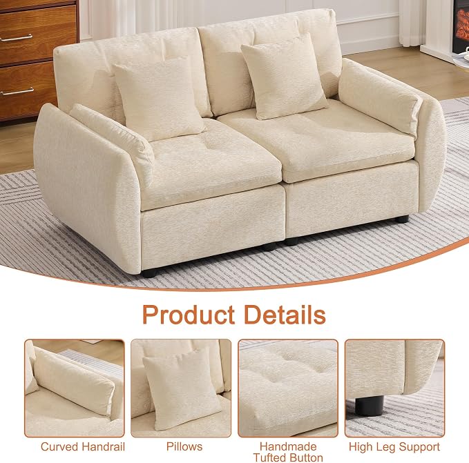 57" Modular Loveseat Cloud Sofa, Deep Seat Tufted Chenille Sectional Love Seat Couch with Curved Arms, 2-Seater Couches for Living Room, Beige