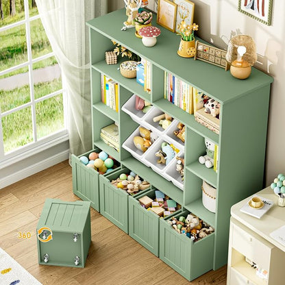 FINETONES Toy Storage Organizer with 6 Toy Bins, Large Toy Organizers and Storage with 4 Movable Drawers and 6 Storage Cubbies, Kids Toy Storage and Toy Chest for Playroom and Kids Room, Green | Toy Storage Organizer and Kids Bookshlef with Toy Bins