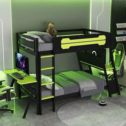 Merax Wooden Twin Over Twin Bunk Bed with 2 Side Desks, USB Desktop Ports and Pegboard Organizer, Gaming Bunk Bed for Gamer, Kids or Teens, No Box Spring Needed, Green
