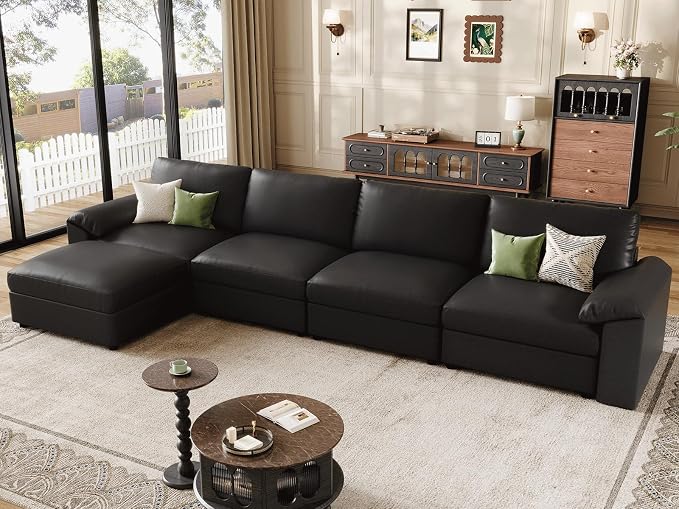 EASE MOOSE Oversized Modular Sectional Sofa,Leather Sectional Couch with Deep Seat,Extra Large L Shaped Couch,Classic Comfy Scratch Resistant Faux Leather Material Sofa for Living Room,Black