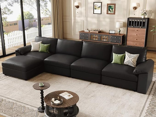 EASE MOOSE Oversized Modular Sectional Sofa,Leather Sectional Couch with Deep Seat,Extra Large L Shaped Couch,Classic Comfy Scratch Resistant Faux Leather Material Sofa for Living Room,Black