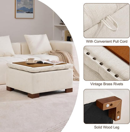 WUTUTUEE 30" Fabric Square Storage Ottoman with Wooden Tray, Modern Tufted Button Footstool Coffee Table, Upholstered Large Ottoman for Living Room, Bedroom, Beige