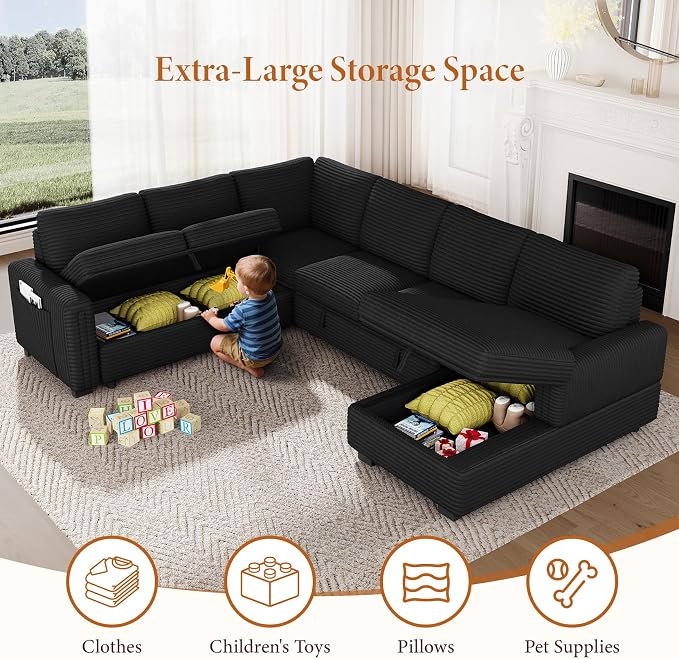 Vesgantti 113.6" Modular Sectional Sofa with Pull Out Couch Bed, 7 Seater U Shaped Sleeper Sofa with Storage Chaise, Corduroy Sectional Couch for Living Room, Bedroom, Apartment, Black