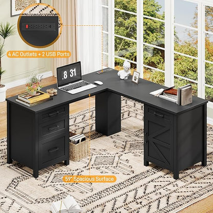 Vabches 59” L Shaped Executive Desk with Power Outlets, Farmhouse Home Office Desk with File Drawer,Storage Cabinet, Wood Corner Sturdy Writing Workstation.Black