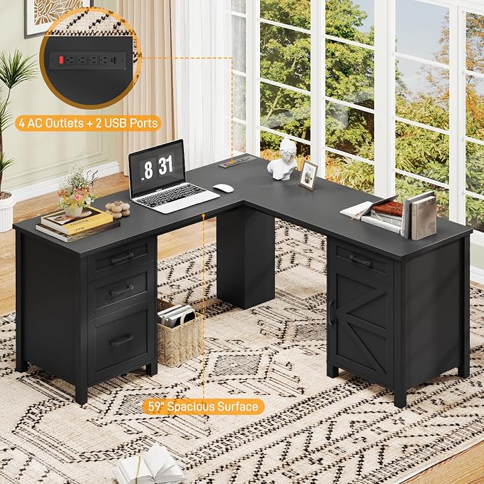 Halitaa 59” L Shaped Executive Desk with Power Outlets, Farmhouse Home Office Desk with File Drawer,Storage Cabinet, Wood Corner Sturdy Writing Workstation.Black