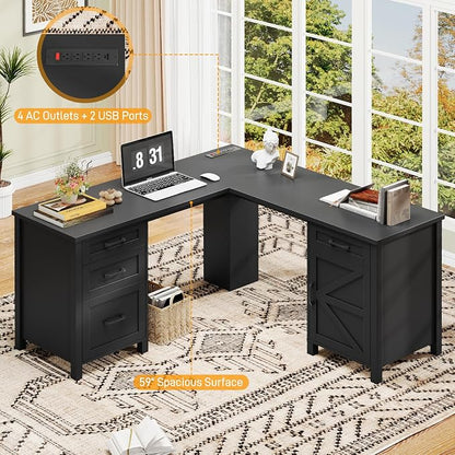Halitaa 59” L Shaped Executive Desk with Power Outlets, Farmhouse Home Office Desk with File Drawer,Storage Cabinet, Wood Corner Sturdy Writing Workstation.Black