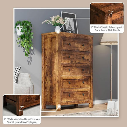 LUXOAK 5-Piece Bedroom Set, Queen Bed Frame with Headboard, 6 Drawer Dresser & 5 Drawer Chest, Nightstand Set of 2 with Charging Station, Farmhouse Bedroom Furniture, Rustic Brown