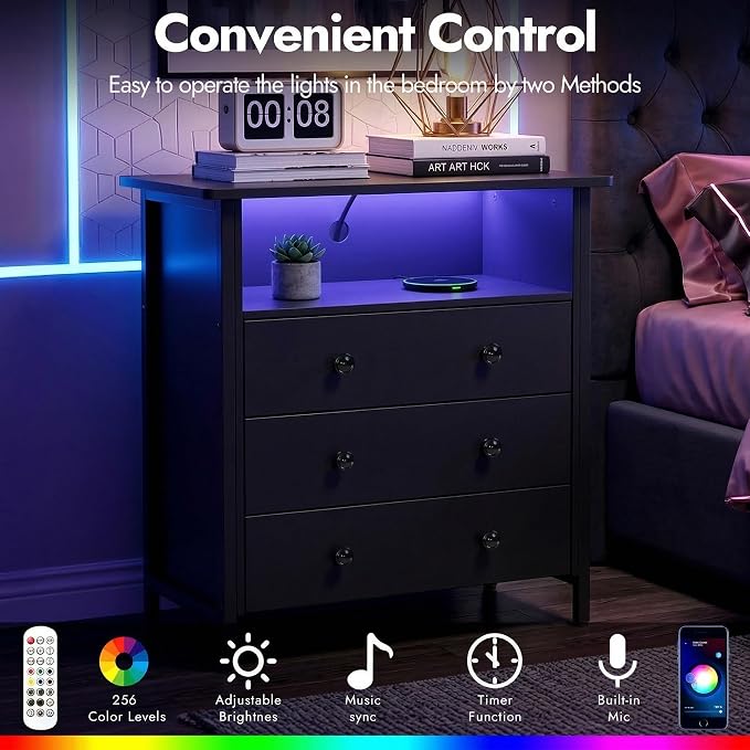 27 Inch LED Nightstand with Charging Station & 3 Drawers, Black | Solid Wood and Steel Frame, 2 AC Outlets, 2 USB Ports, RGB App Control, Open Storage, Adjustable Feet, for Bedroom or Office