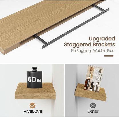 Vivelove 48 Inch Floating Shelves for Wall, 48x9 Display Shelves for Bathroom Living Room Kitchen Bedroom Office Farmhouse Home Decor - Set of 2, Oak
