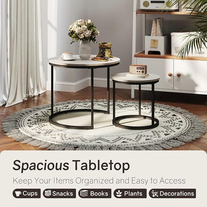 Otterease Nesting Tables Set of 2, Round Coffee Table, Small Nesting Coffee Table with Adjustable Non-Slip Fee, Wood Grain Top Nesting Tables for Living Room, Bedroom (Wood Grain Grey)