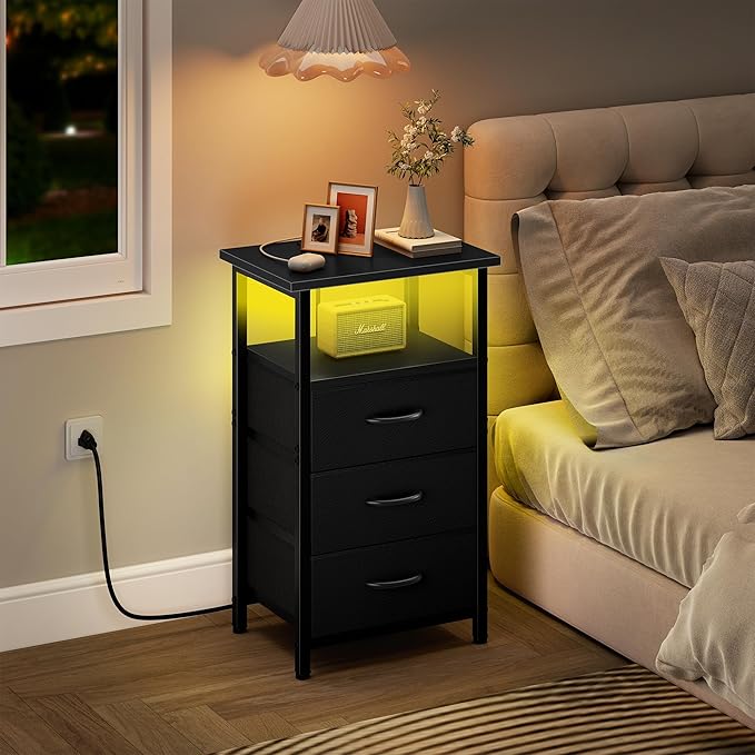 Vagusicc Night Stand Set 2 with Charging Station, LED Nightstand for Bedroom, Bedside Table with 3 Fabric Drawers, End Table Side Table with USB Ports & Outlets, Bed Side Table for Bedroom, Black