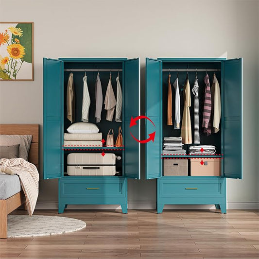 Metal Wardrobe Closet Cabinet with Drawers,71" H Large Bedroom Armoires with Shelves and Hanging Rod,Wardrobe Storage Cabinet with 2 Doors, 1 Adjustable Shelf and Drawers (1Drawer, Blue)