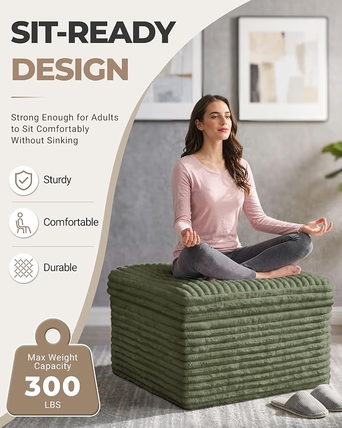 23.6in Pouf Ottoman, Corduroy Ottoman Foot Rest with Dual‑Layer Support, Large Poofy Pouf with Soft Chunk‑Foam Top & Firm Foam Base, Floor Foot Stool for Living Room, Green