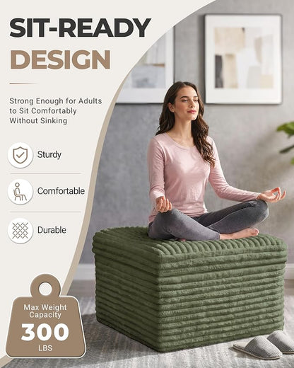 23.6in Pouf Ottoman, Corduroy Ottoman Foot Rest with Dual‑Layer Support, Large Poofy Pouf with Soft Chunk‑Foam Top & Firm Foam Base, Floor Foot Stool for Living Room, Green