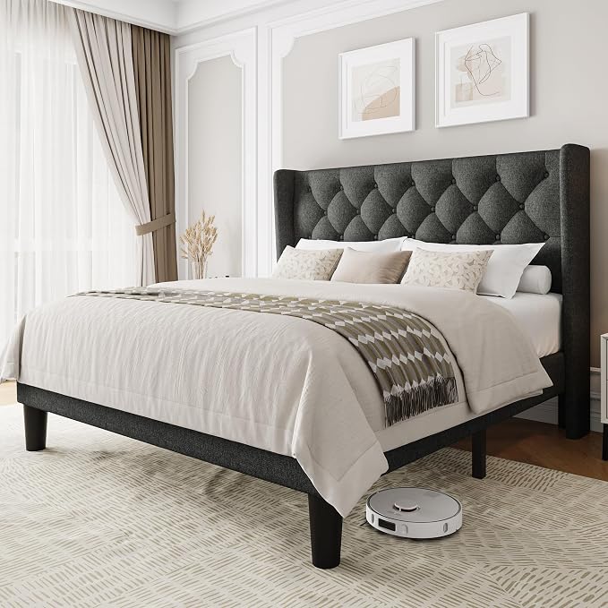 Einhomn Full Size Platform Bed Frame with Fabric Upholstered Wingback Headboard, 8" Under Bed Space, Wooden & Metal Slats Support, No Box Spring Needed, Dark Gray