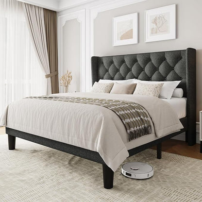 Einhomn Full Size Platform Bed Frame with Fabric Upholstered Wingback Headboard, 8" Under Bed Space, Wooden & Metal Slats Support, No Box Spring Needed, Dark Gray