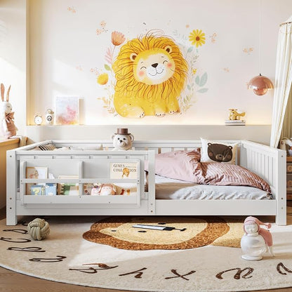 Bellemave Full Size Floor Bed with Slats and Guardrails, Full Size Montessori Floor Bed with Bookcase and Fence, Low Profile Montessori Beds for Kids, White Floor Beds Frame