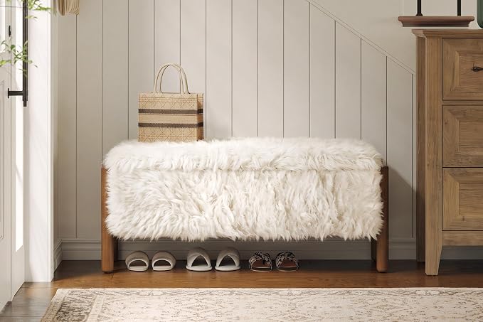 Modern Storage Benches with Walnut Wood Legs, 47'' Ottoman Bench with 20 Gallons Storage Space for Bedroom End of Bed, Faux Fur Fabric Upholstered Entryway Bench, Beige