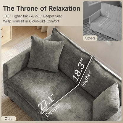 52" Loveseat Sofa, L-Shaped Cloud Couch with Ottoman, Comfy Chenille Love Seat with 2 Pillows, Small Loveseat for Small Spaces, Living Room, Bedroom,Apartment and Office, Grey
