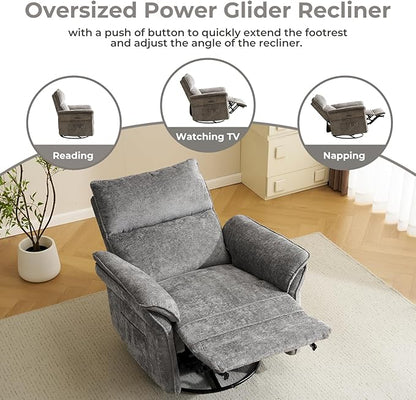 Swivel Rocker Recliner, Glider Recliner Nursery Chair with Massage and Heat, Power Nursery Rocking Chairs with Adjustable Headrest for Living Room，USB Ports,Side Pockets,Chenille Grey