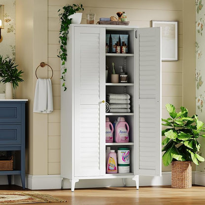 Metal Pantry Cabinet with 4 Adjustable Shelves, White Freestanding Kitchen Storage Cabinet for Dining Room, Kitchen, 63.58" H × 27.56" W × 13.78" D, Required Assembly, White