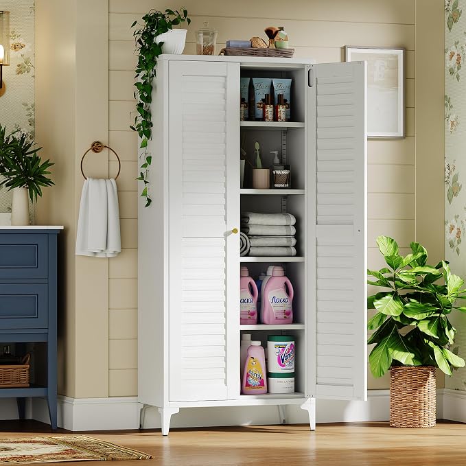 63.6" White Metal Pantry Storage Cabinet, Farmhouse Kitchen Cupboard with 3 Adjustable Shelves, Magnetic Closure, Anti-Tip Kit & Raised Legs for Kitchen, Living Room, Assembly Required