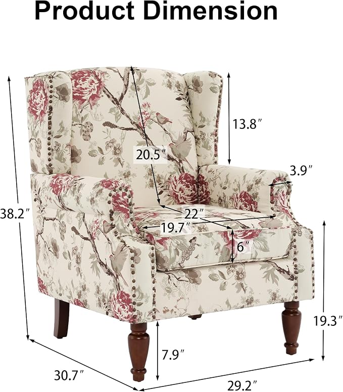 Pia Ricco Set of 2 Floral Accent Chairs, High Back Upholstered Armchairs with Retro Wingback Design, Nailhead Trim & Solid Wood Legs for Living Room Bedroom(Flower Beige)