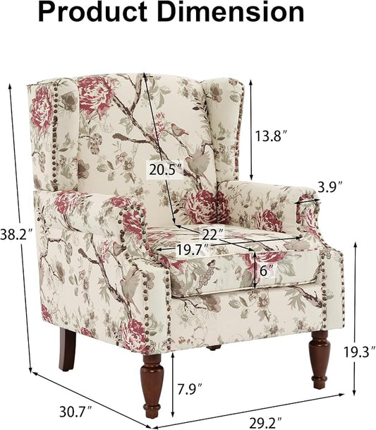 Pia Ricco Set of 2 Floral Accent Chairs, High Back Upholstered Armchairs with Retro Wingback Design, Nailhead Trim & Solid Wood Legs for Living Room Bedroom(Flower Beige)