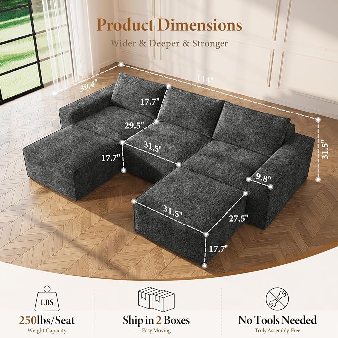 Vesgantti 114" Boneless Modular Sectional Sofa, Modern U Shaped 5 Seater Couch with 2 Ottoman & Deep Seat, Convertible Chenille Cloud Couches for Living Room, No Assembly Required, Dark Grey