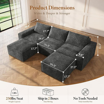 Vesgantti 114" Boneless Modular Sectional Sofa, Modern U Shaped 5 Seater Couch with 2 Ottoman & Deep Seat, Convertible Chenille Cloud Couches for Living Room, No Assembly Required, Dark Grey