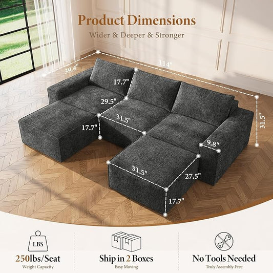 Vesgantti 114" Boneless Modular Sectional Sofa, Modern U Shaped 5 Seater Couch with 2 Ottoman & Deep Seat, Convertible Chenille Cloud Couches for Living Room, No Assembly Required, Dark Grey